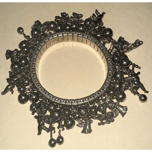 Vtg Tribal Silver Expandable Bracelet W/ Dangle Charms Angels Cherubs Balls - Picture 1 of 6